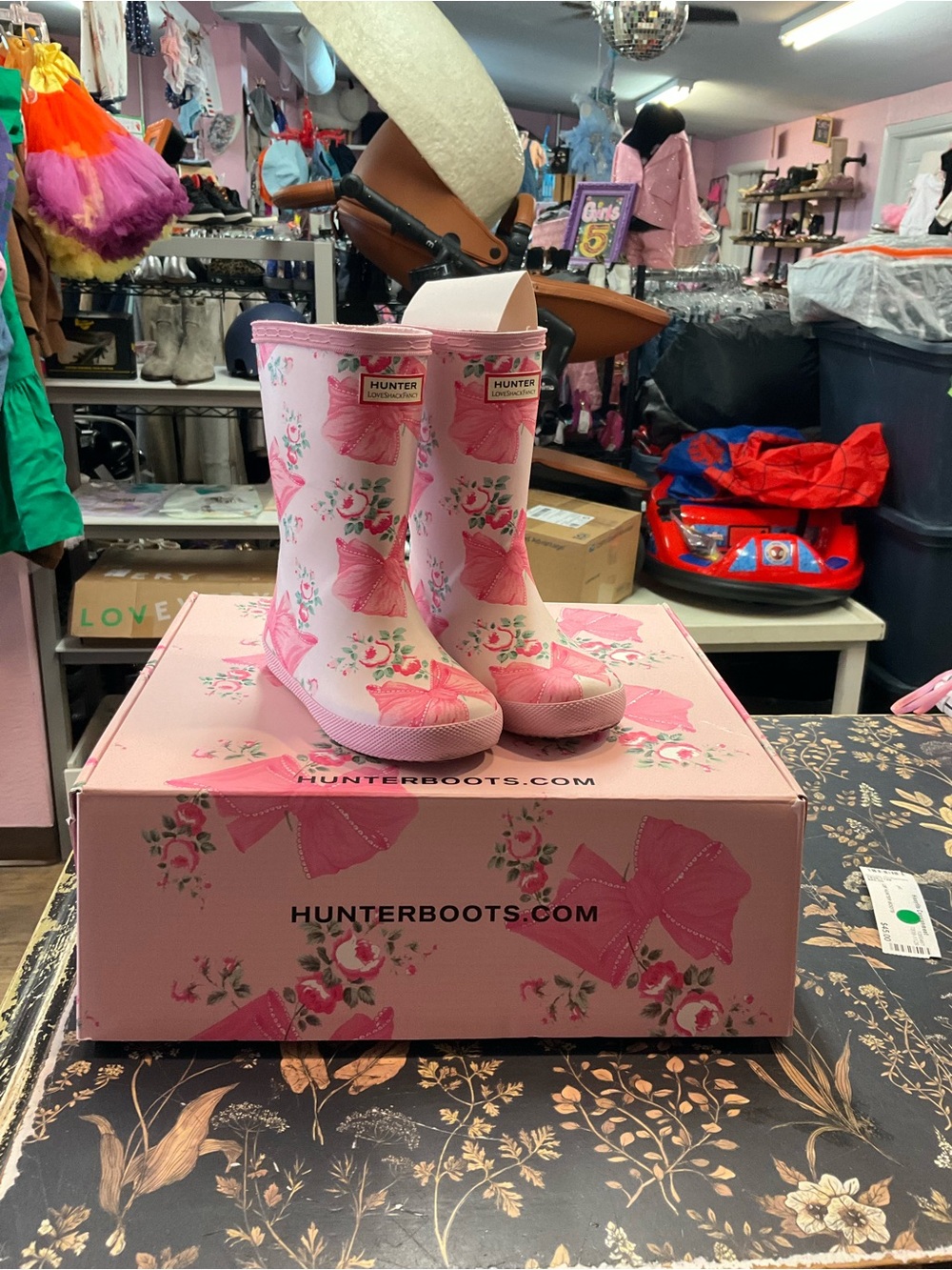 Hunter Pink Floral Bow Kids Rain Boots